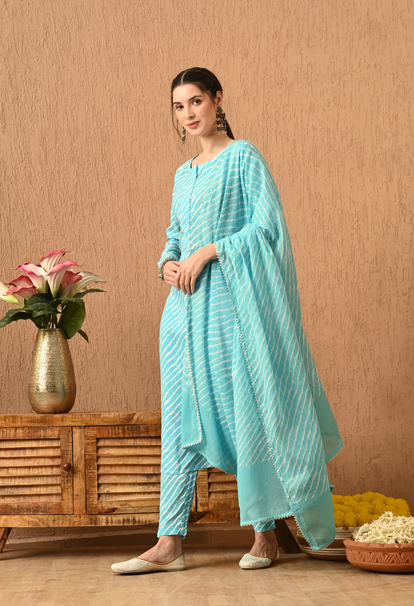 Anvika – Sky Blue Leheriya Placket Kurta Pant and Leheriya Dupatta Set