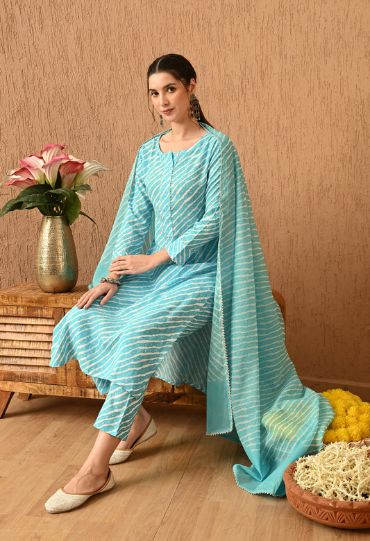 Anvika – Sky Blue Leheriya Placket Kurta Pant and Leheriya Dupatta Set