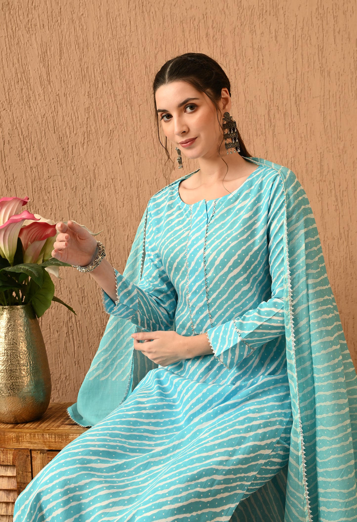 Anvika – Sky Blue Leheriya Placket Kurta Pant and Leheriya Dupatta Set