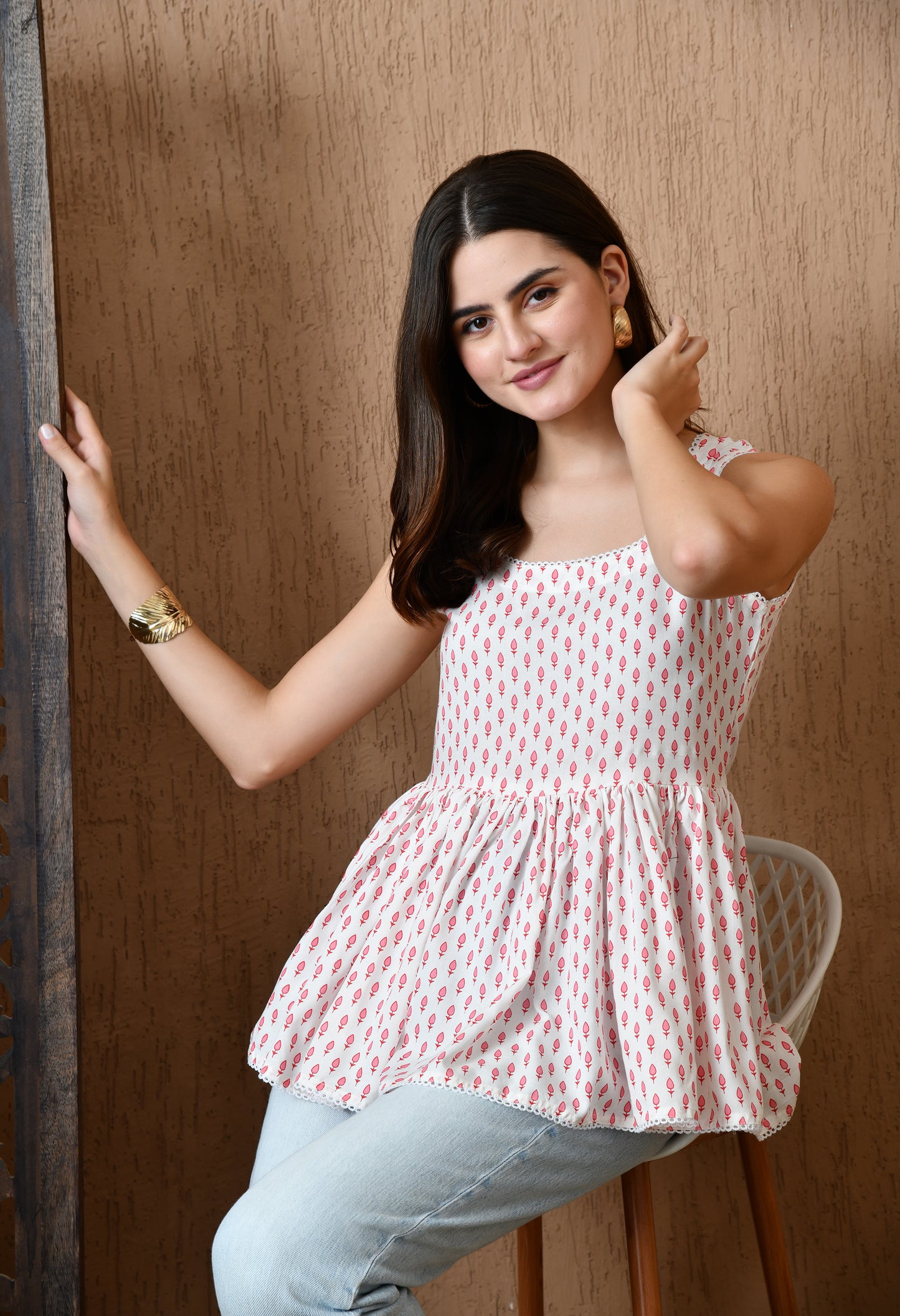 Alba – White Leaf Cotton Peplum Top