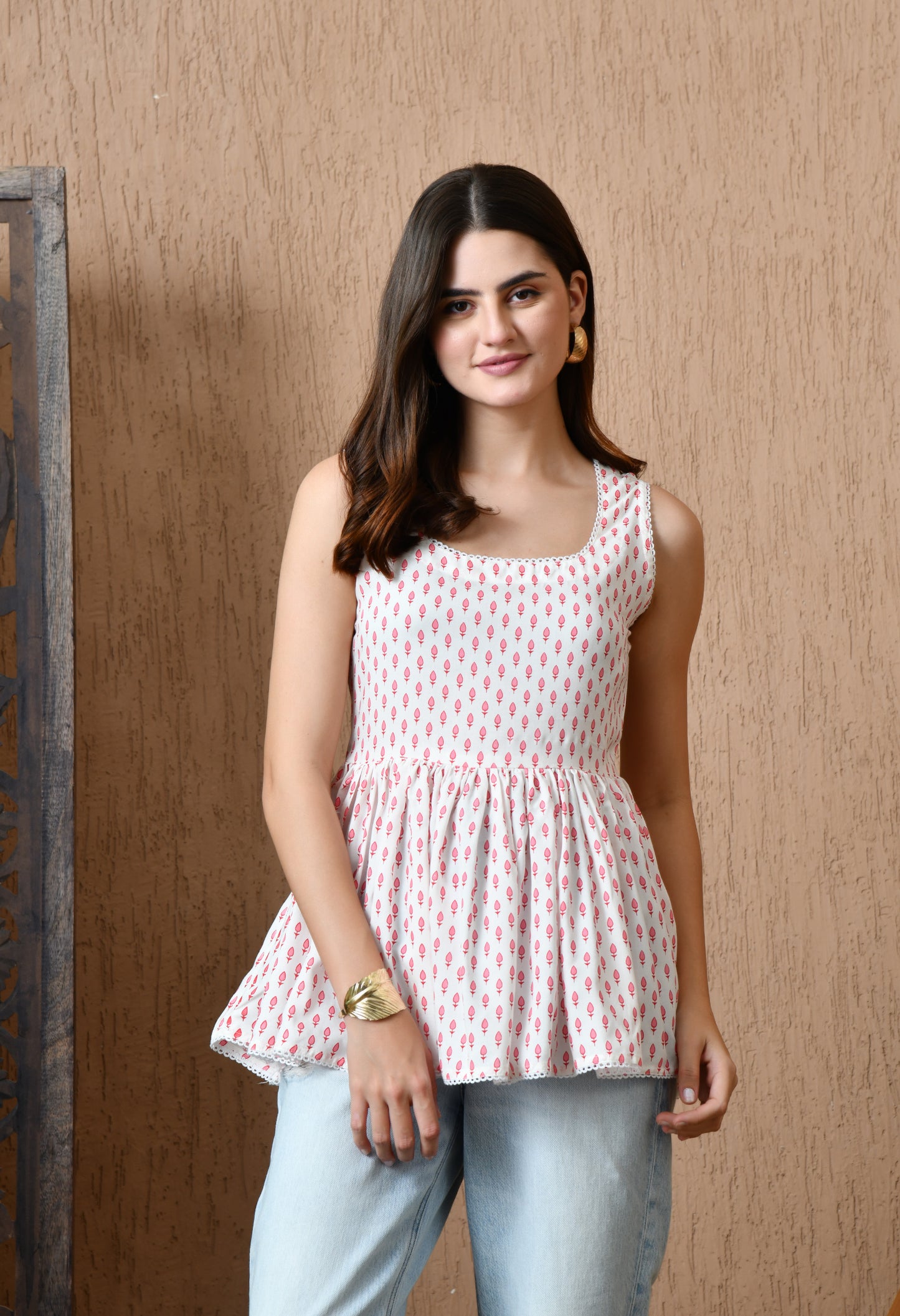 Alba – White Leaf Cotton Peplum Top