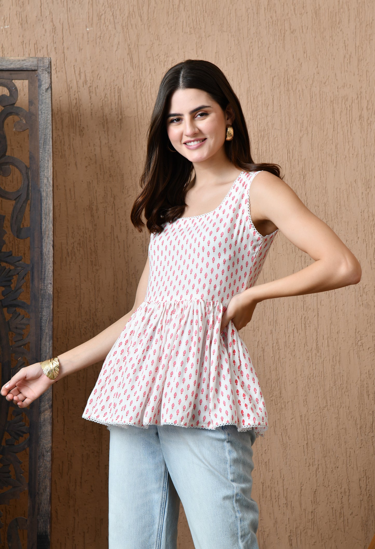 Alba – White Leaf Cotton Peplum Top