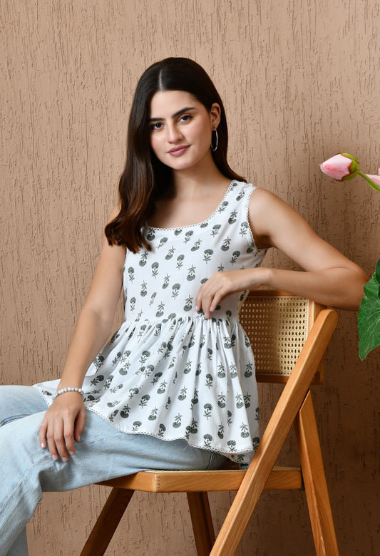 Celestia – Icy Woods White Cotton Peplum Top
