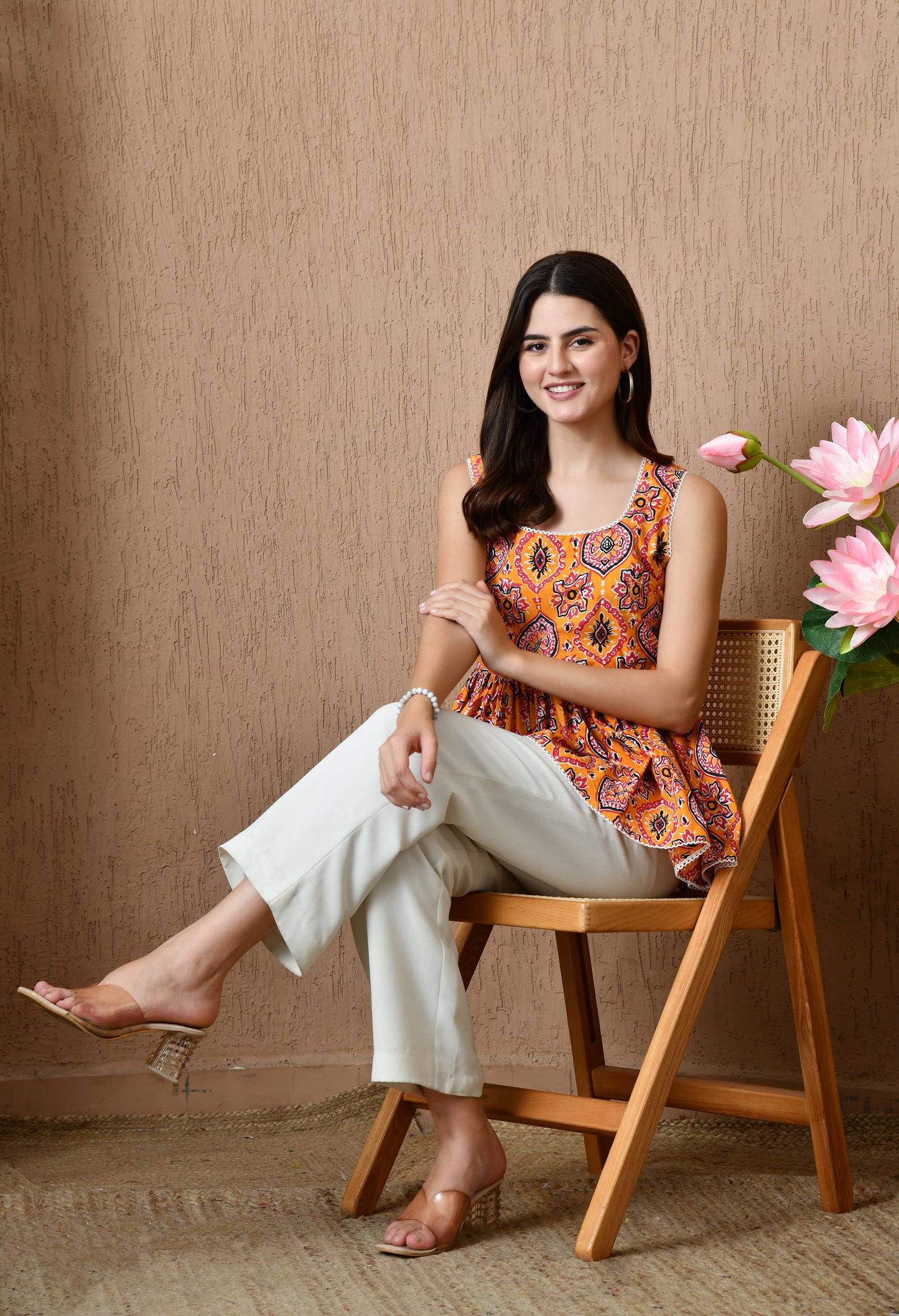 Soléa – Sunset Orange Cotton Peplum Top