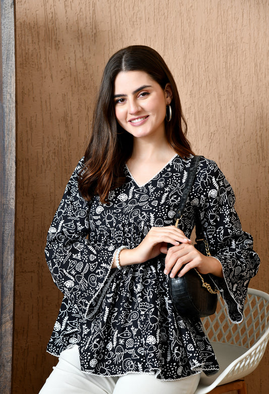 Nocturna – Midnight Black Cotton Peplum Top
