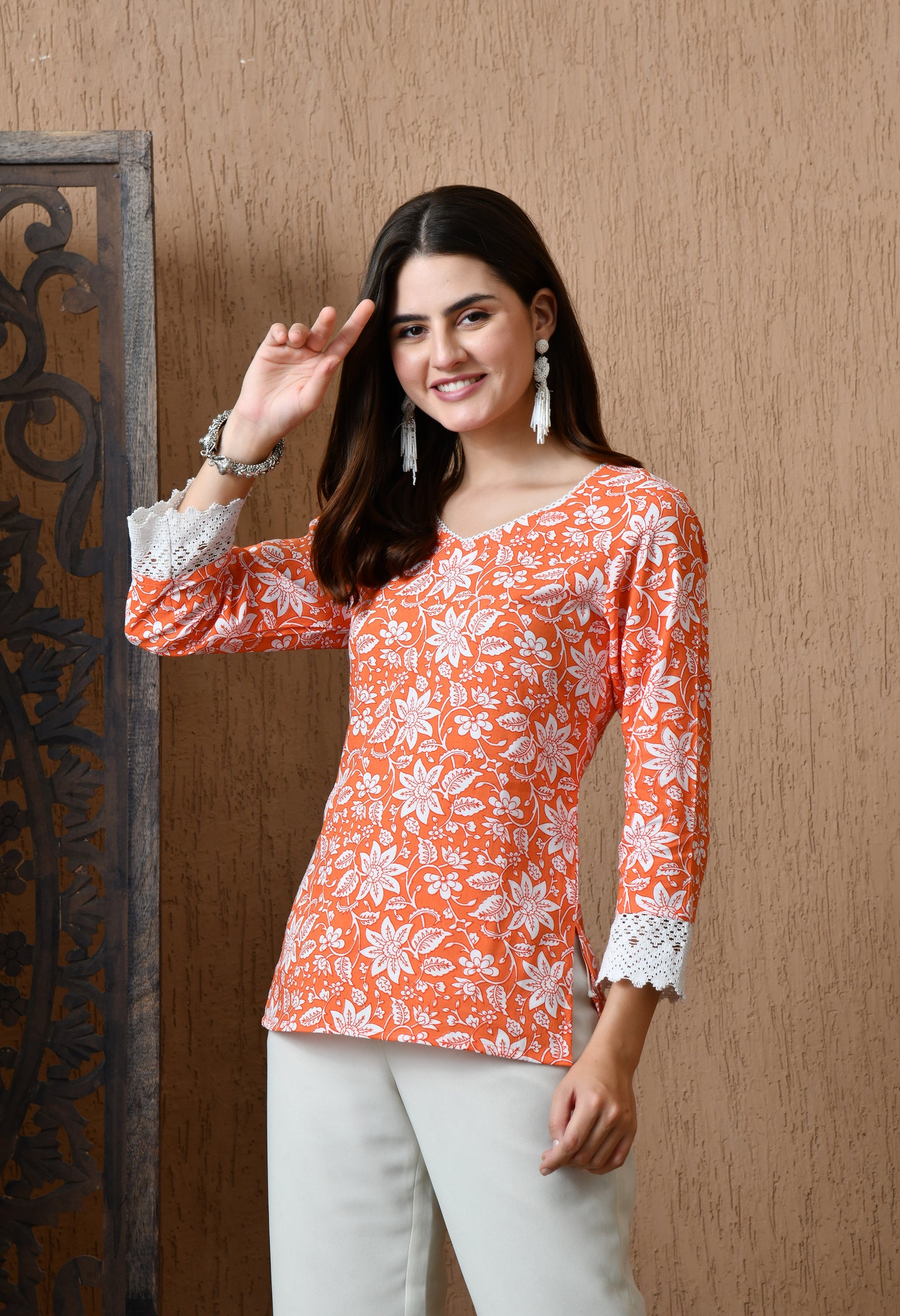 Zafira – Orange Floral Cotton Short Kurti