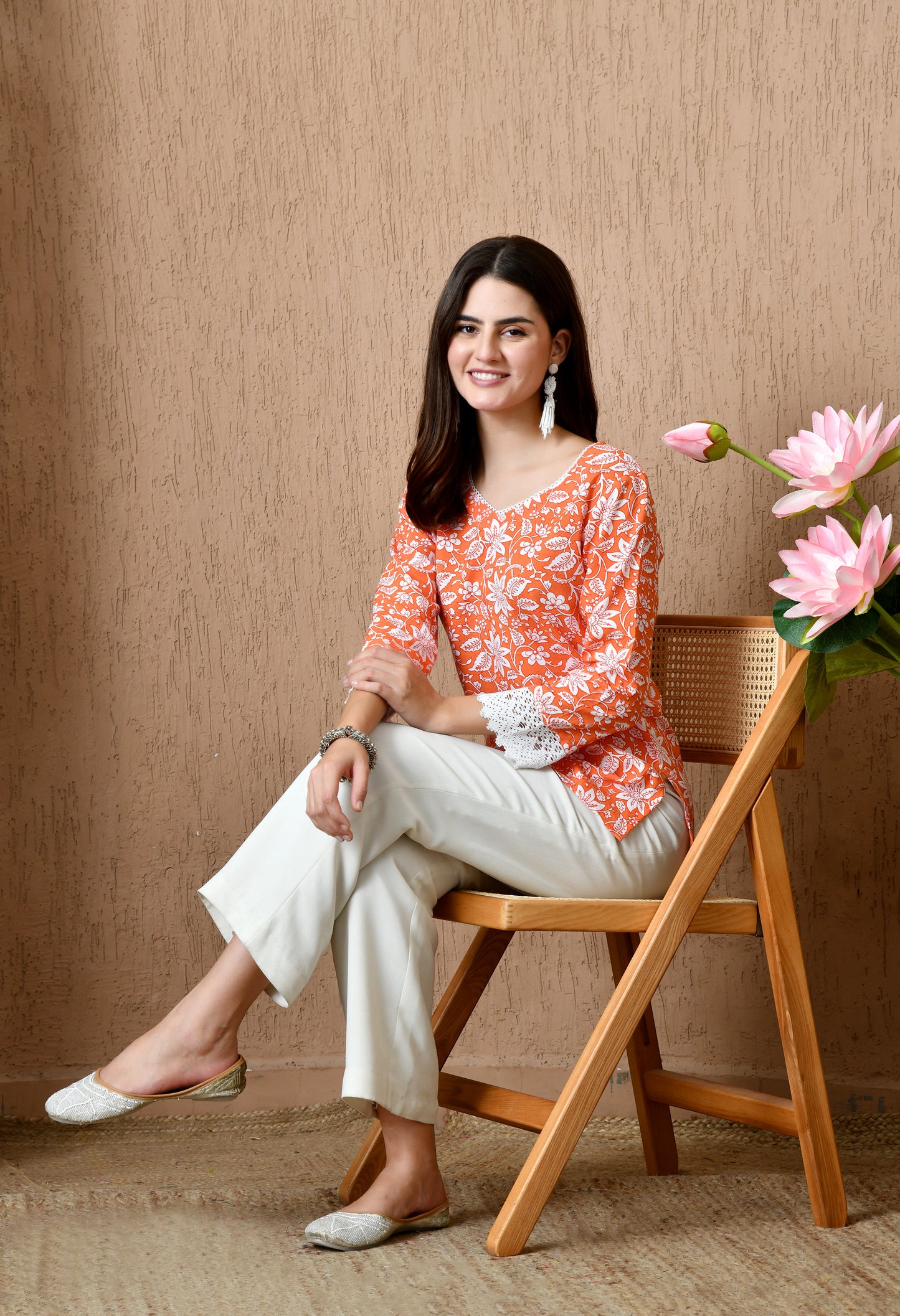 Zafira – Orange Floral Cotton Short Kurti