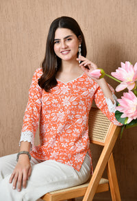 Zafira – Orange Floral Cotton Short Kurti