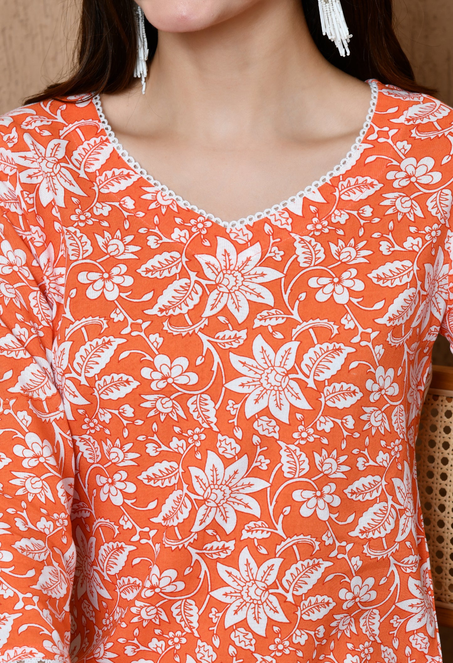 Zafira – Orange Floral Cotton Short Kurti