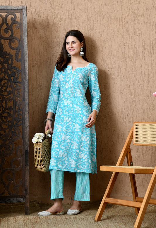 Skyara – Sky Blue Floral Kurta Pant Set with Cotton Lace Work