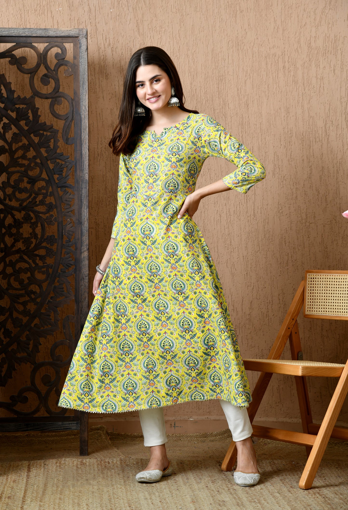 Yashika – Floral Printed Yellow A-Line Kurta