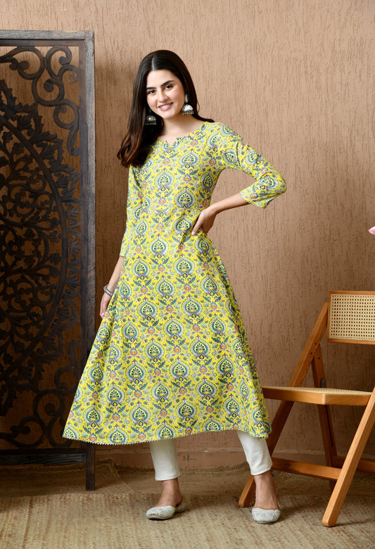 Yashika – Floral Printed Yellow A-Line Kurta