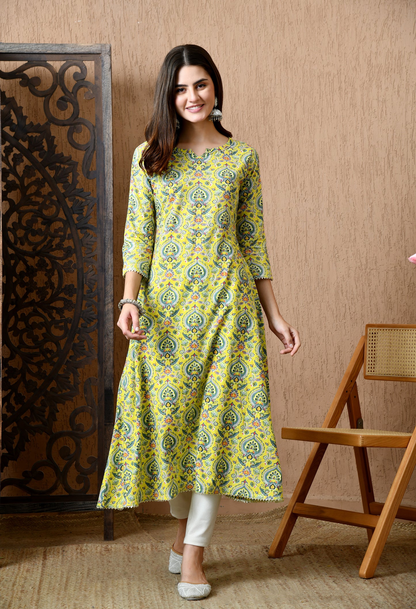 Yashika – Floral Printed Yellow A-Line Kurta