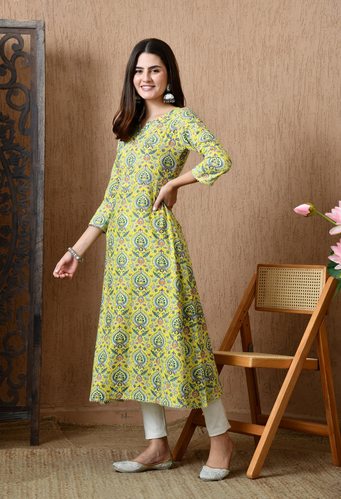Yashika – Floral Printed Yellow A-Line Kurta