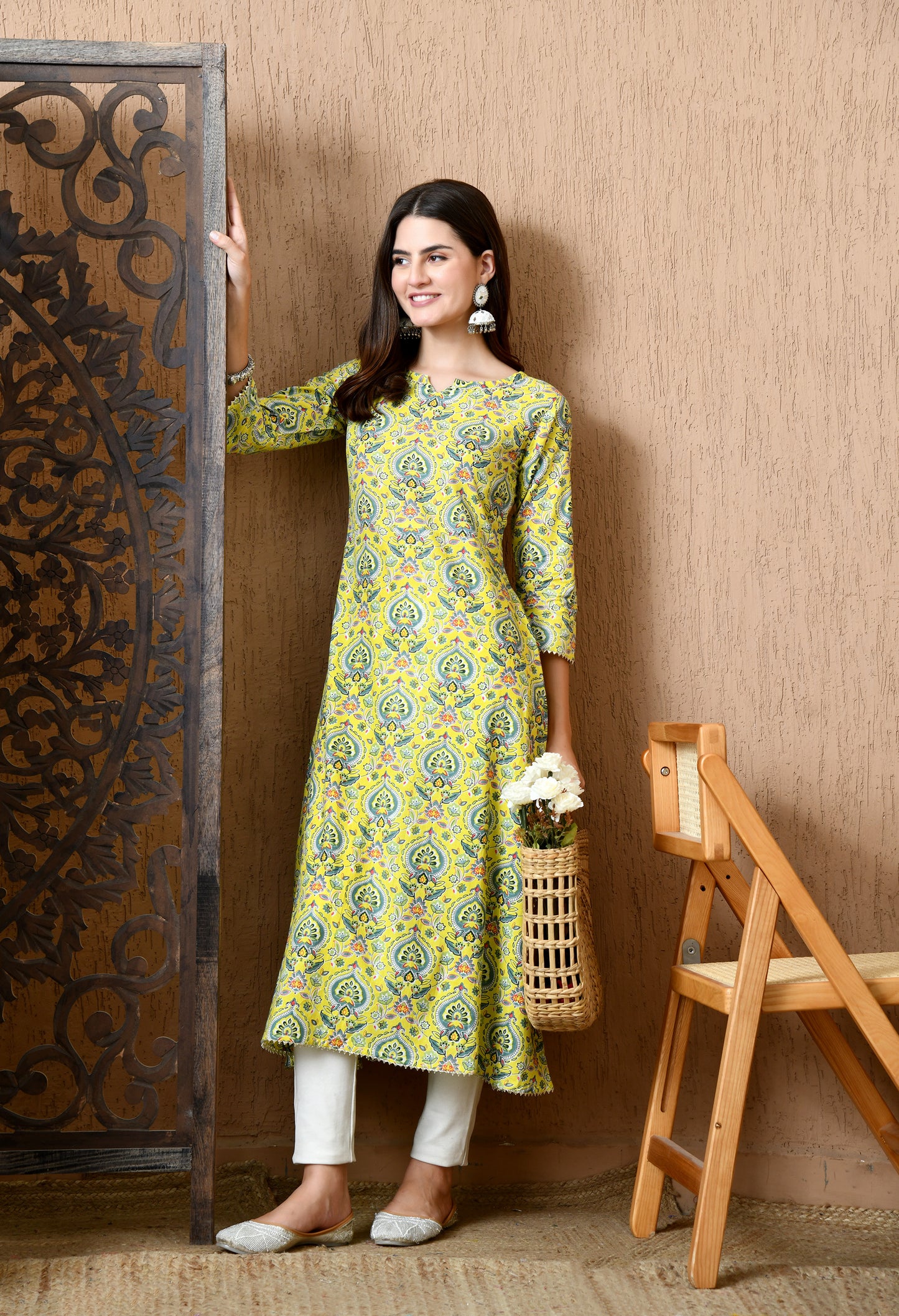 Yashika – Floral Printed Yellow A-Line Kurta