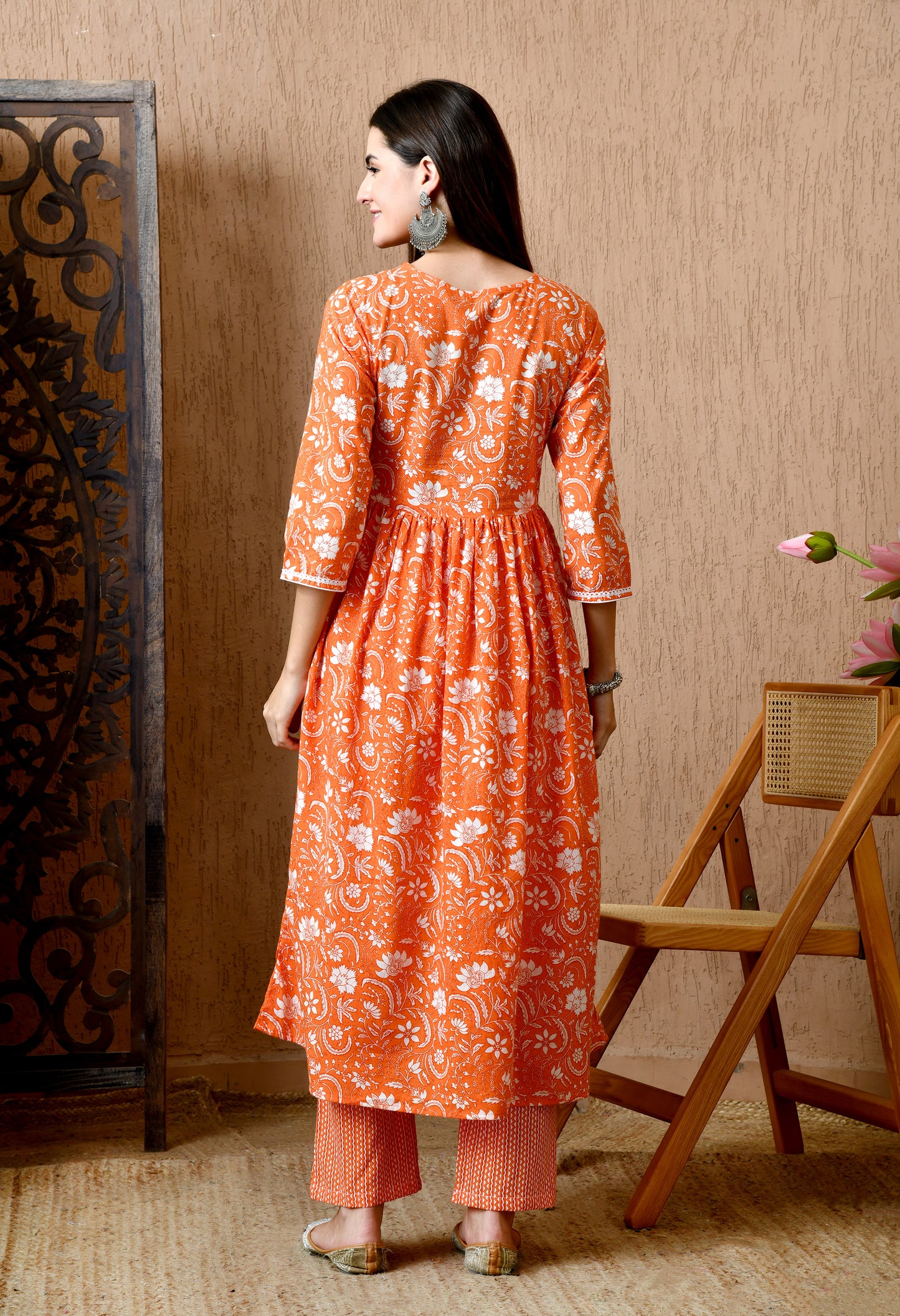 Kumudini – Orange Floral Angrakha Kurta Pant Set with Lace Work