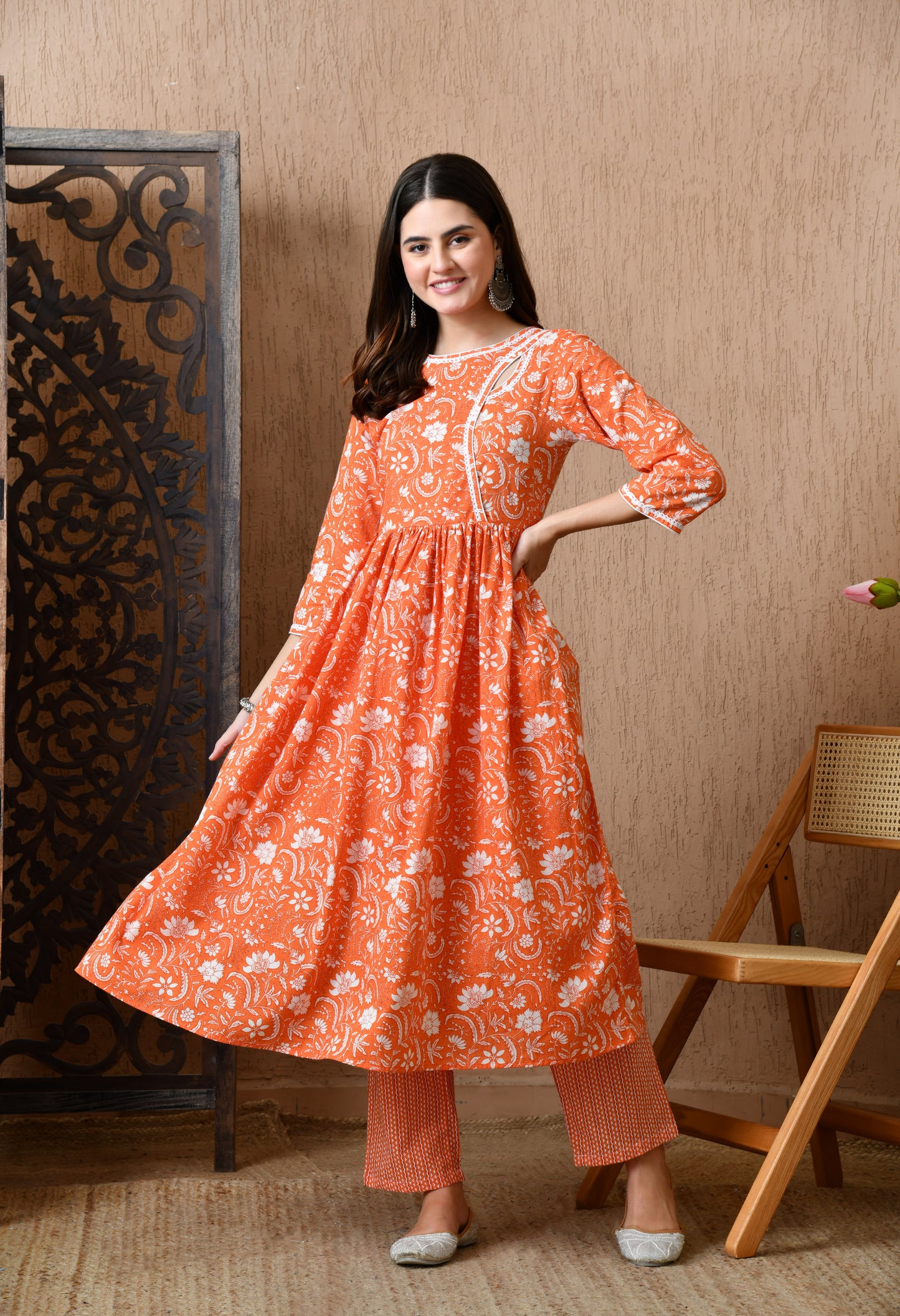 Kumudini – Orange Floral Angrakha Kurta Pant Set with Lace Work