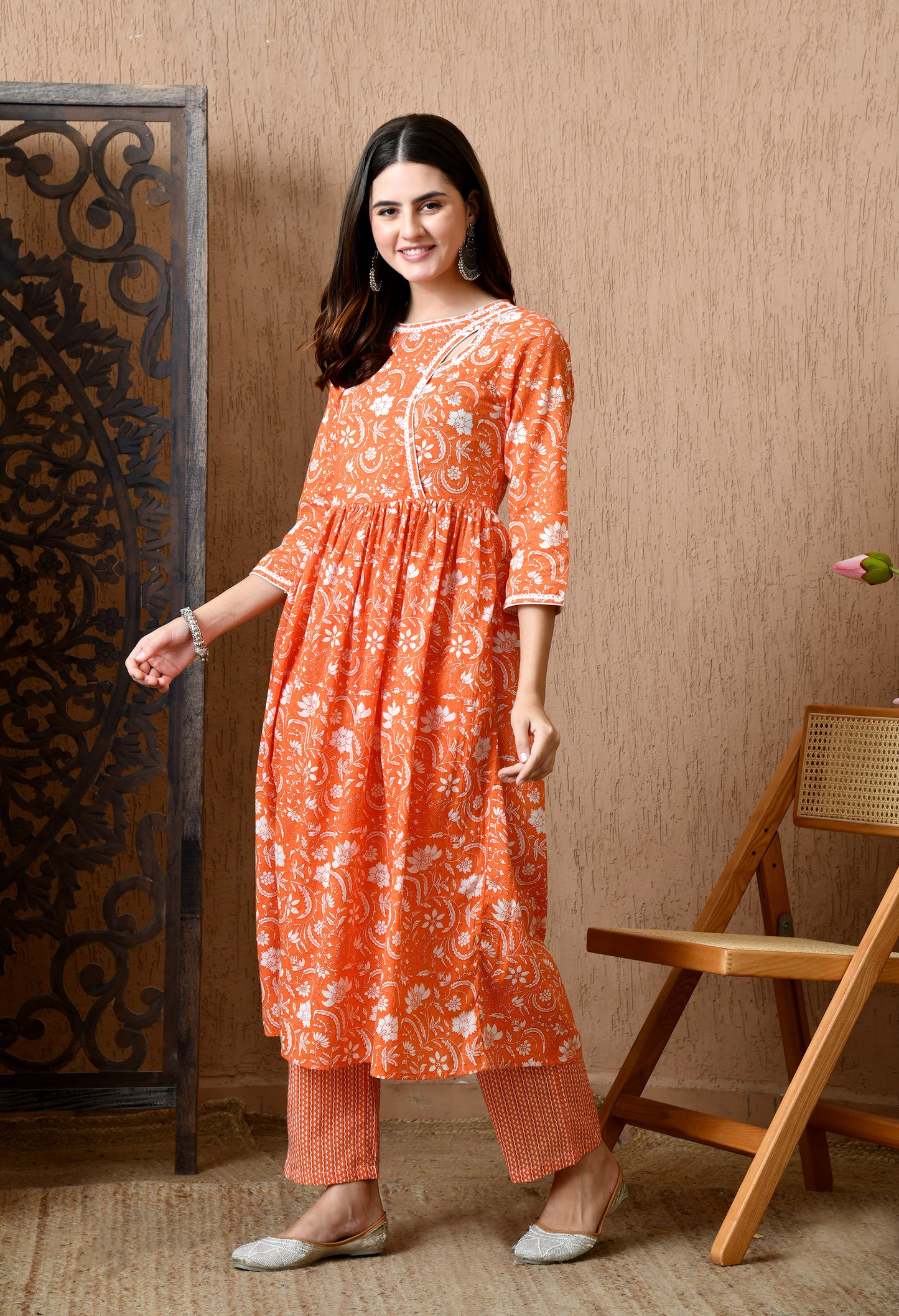 Kumudini – Orange Floral Angrakha Kurta Pant Set with Lace Work