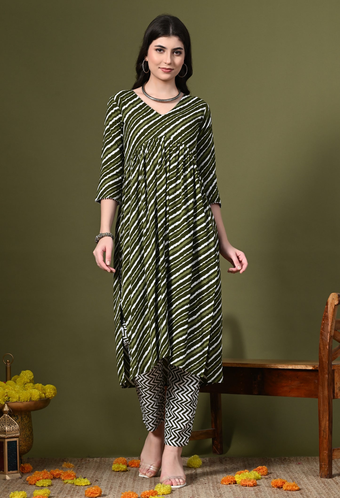 Olive Green Leheriya Print Kurta Pant Set with Dupatta