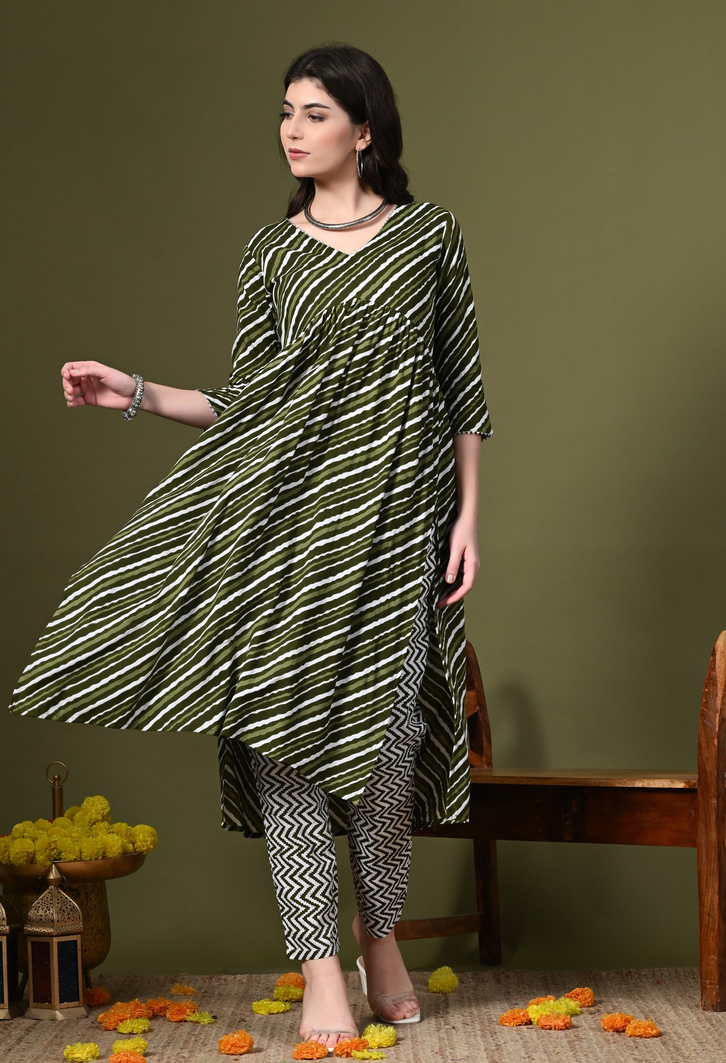 Olive Green Leheriya Print Kurta Pant Set with Dupatta