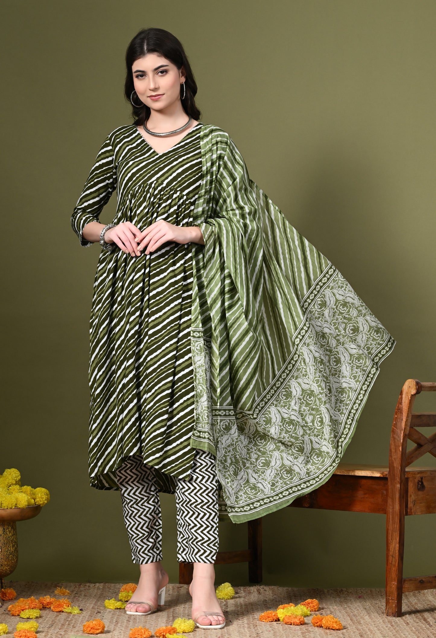 Olive Green Leheriya Print Kurta Pant Set with Dupatta