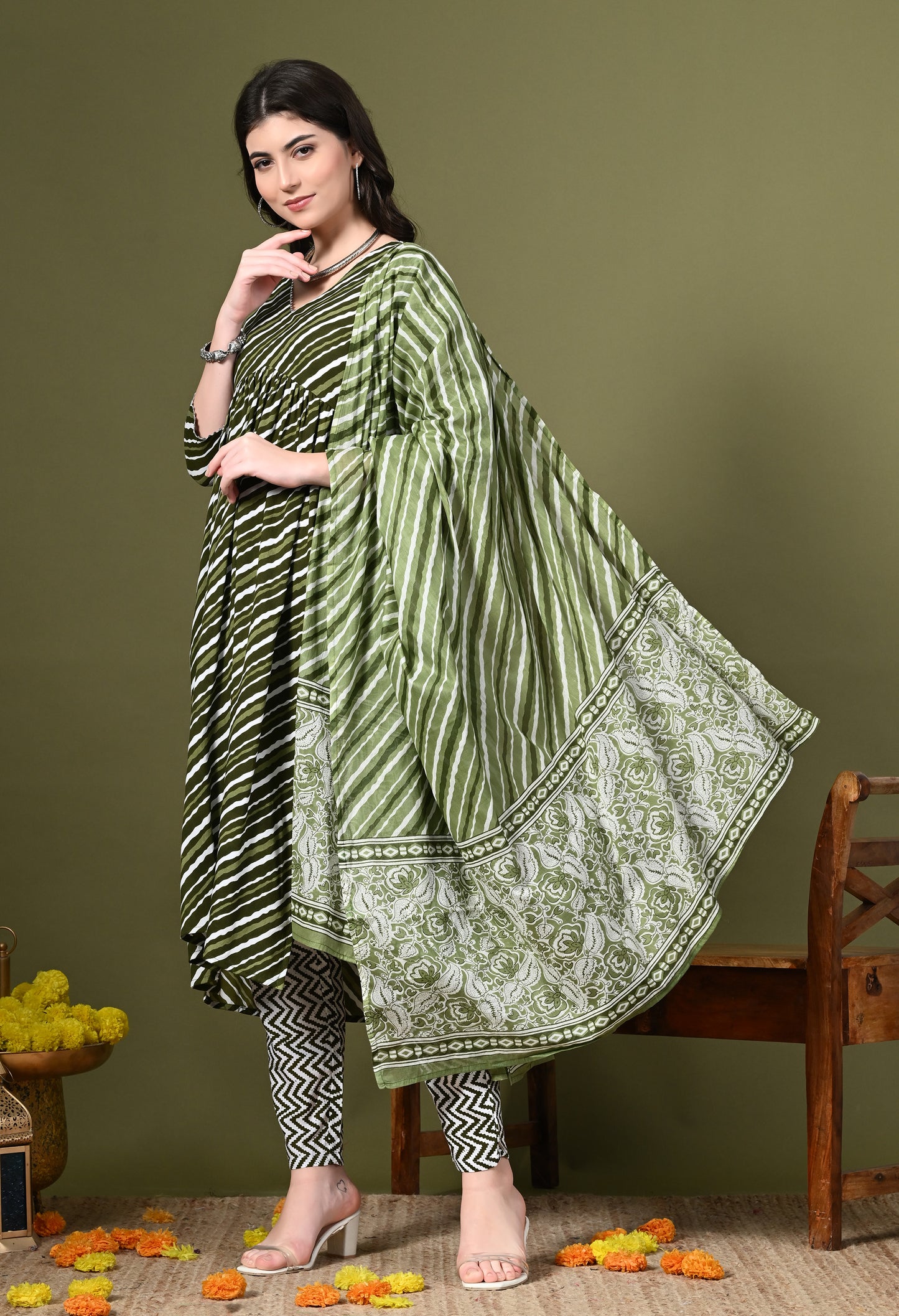 Olive Green Leheriya Print Kurta Pant Set with Dupatta