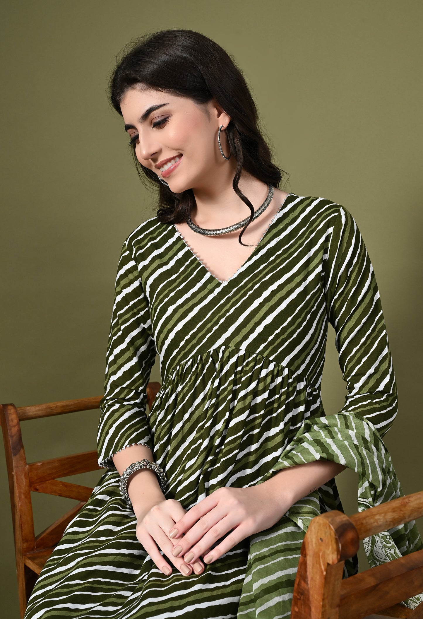 Olive Green Leheriya Print Kurta Pant Set with Dupatta
