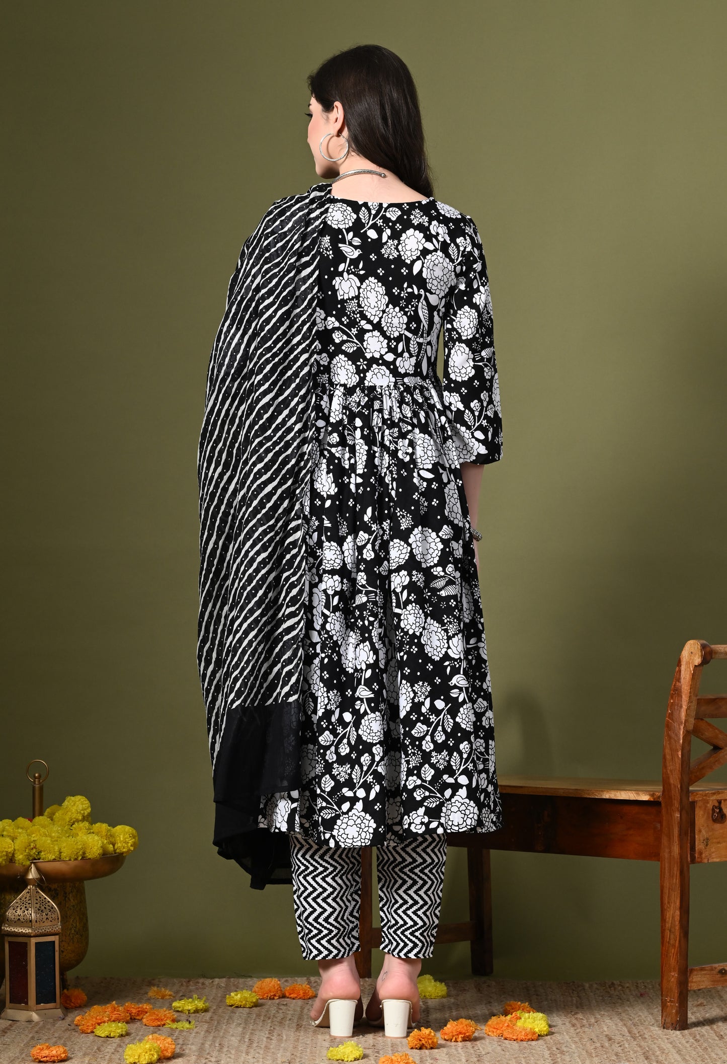 Black Floral Print Kurta Set with Dupatta