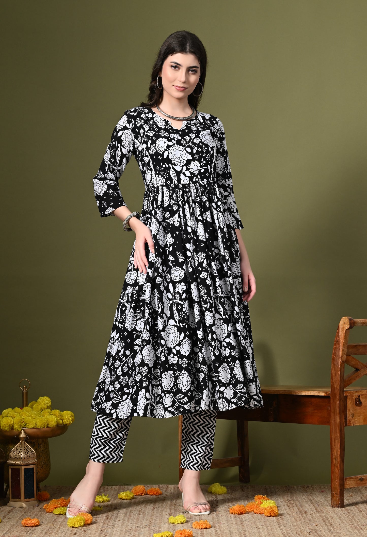 Black Floral Print Kurta Set with Dupatta