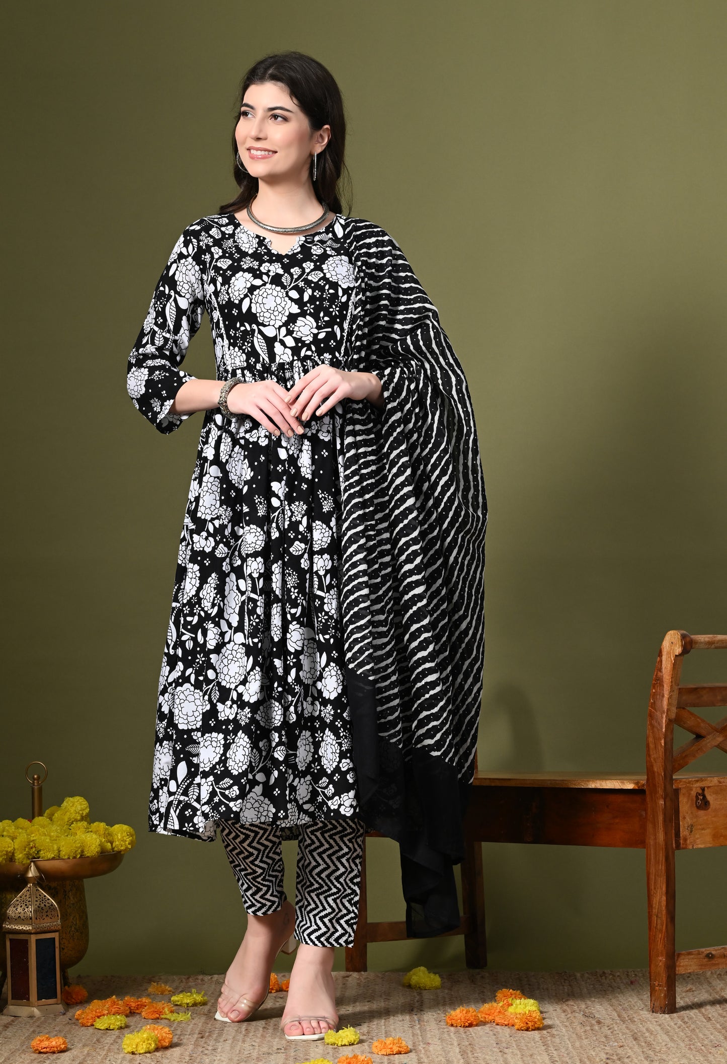 Black Floral Print Kurta Set with Dupatta