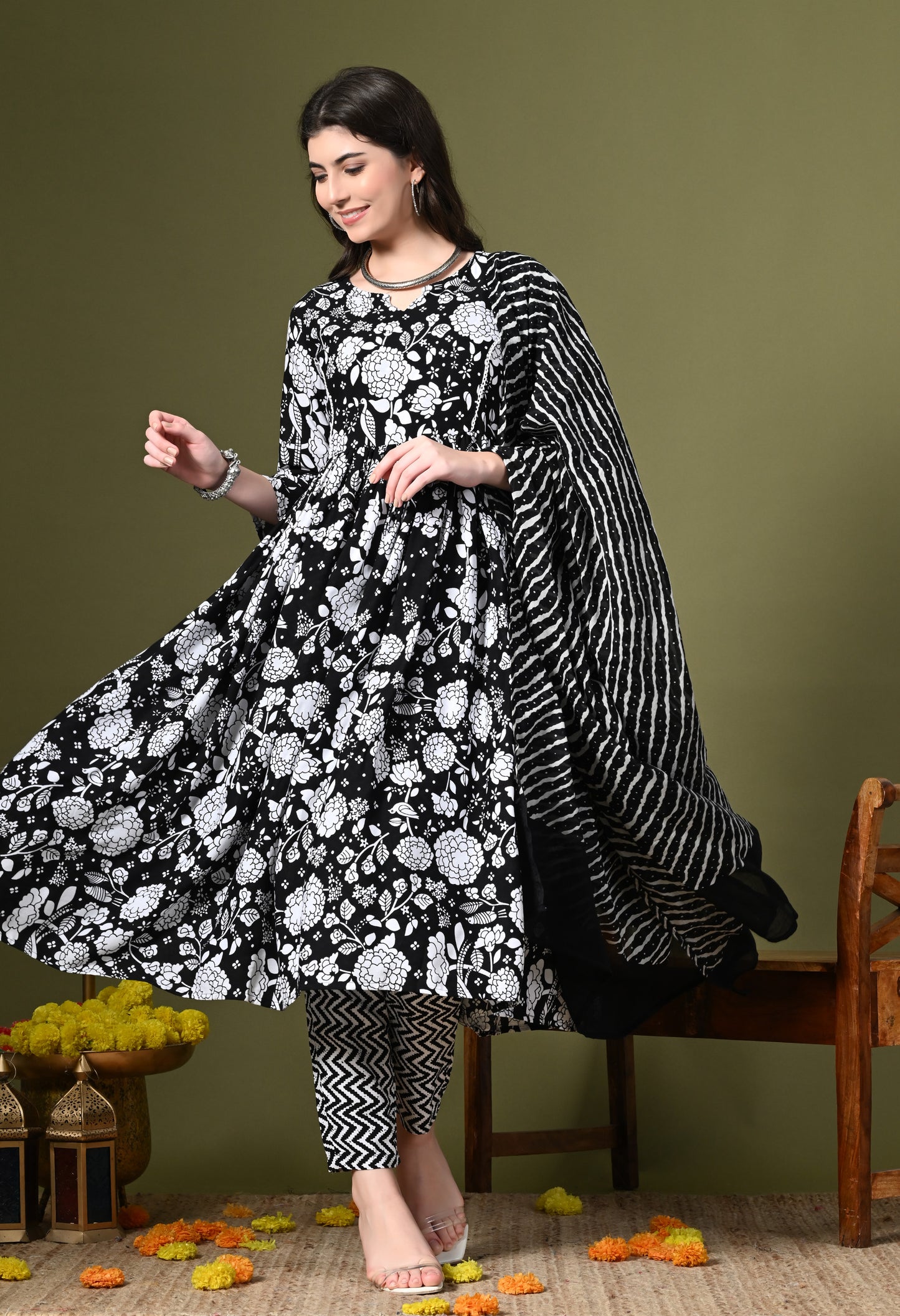 Black Floral Print Kurta Set with Dupatta