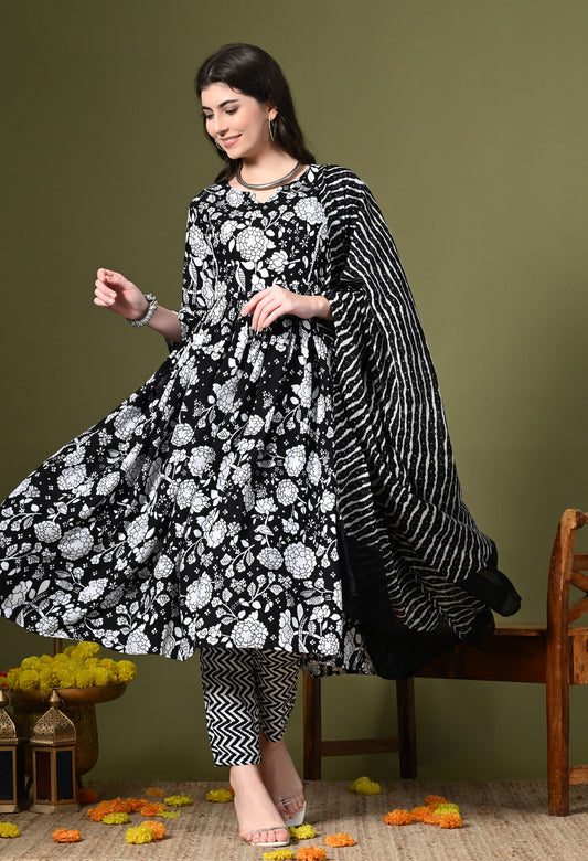 Black Floral Print Kurta Set with Dupatta