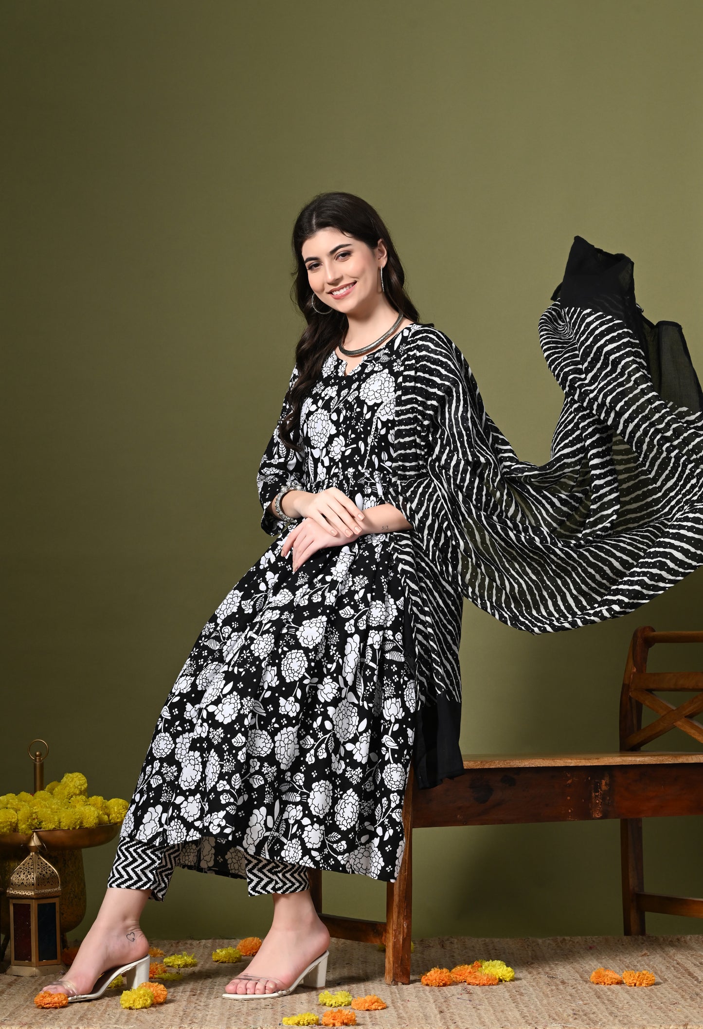 Black Floral Print Kurta Set with Dupatta