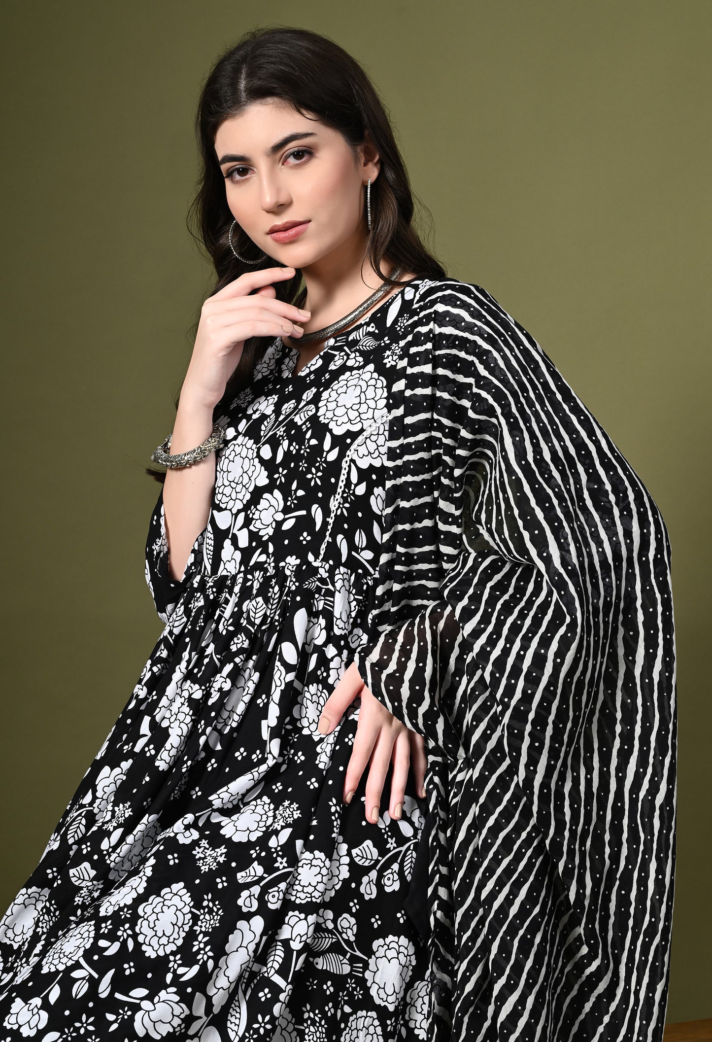 Black Floral Print Kurta Set with Dupatta