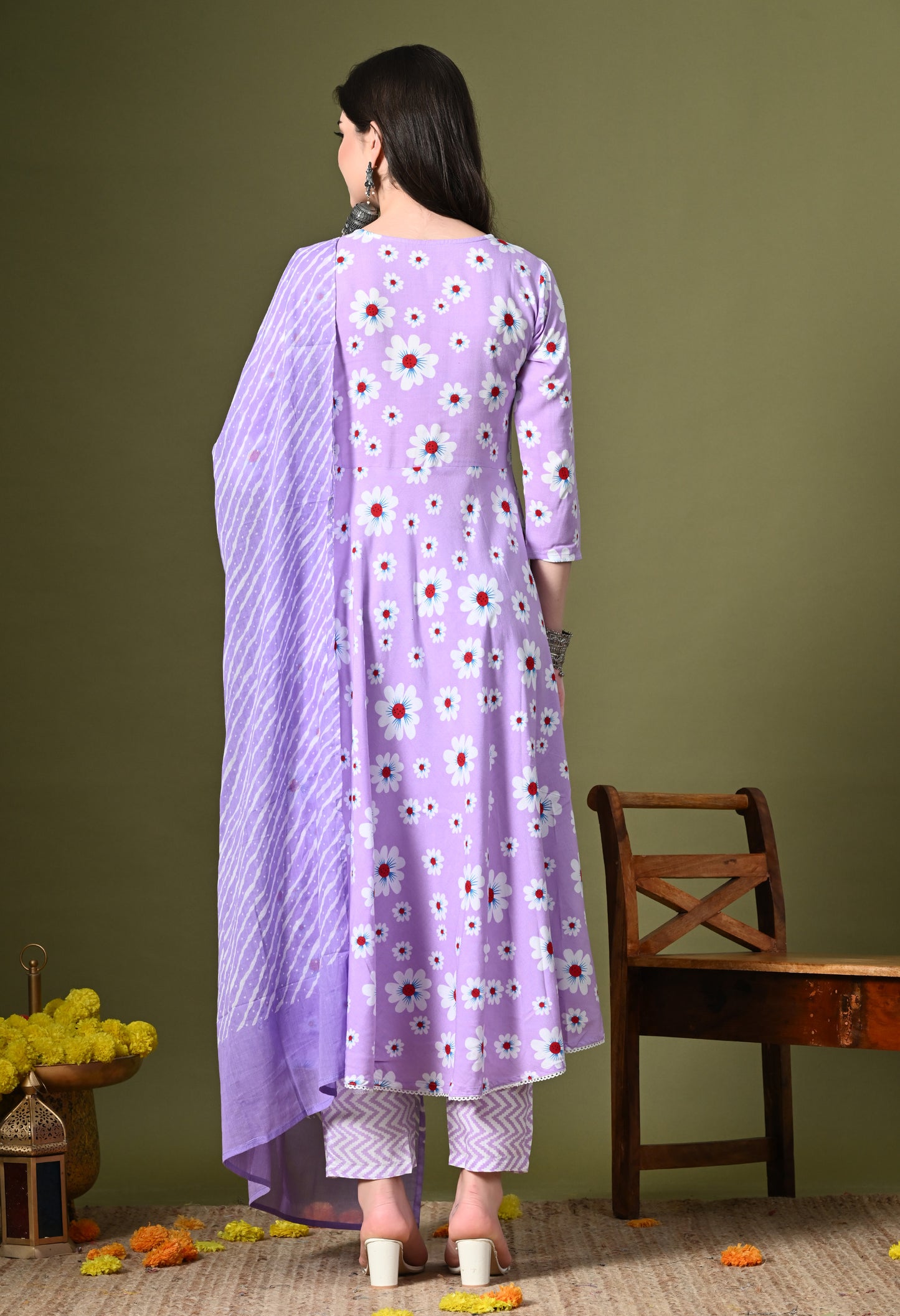 Lavender Floral Print Kurta Pant Set with Dupatta