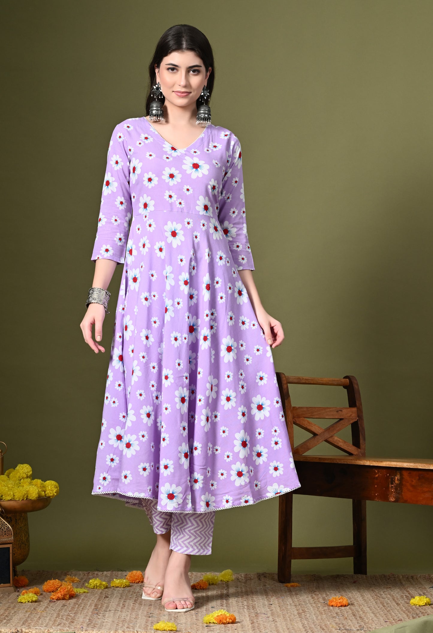 Lavender Floral Print Kurta Pant Set with Dupatta