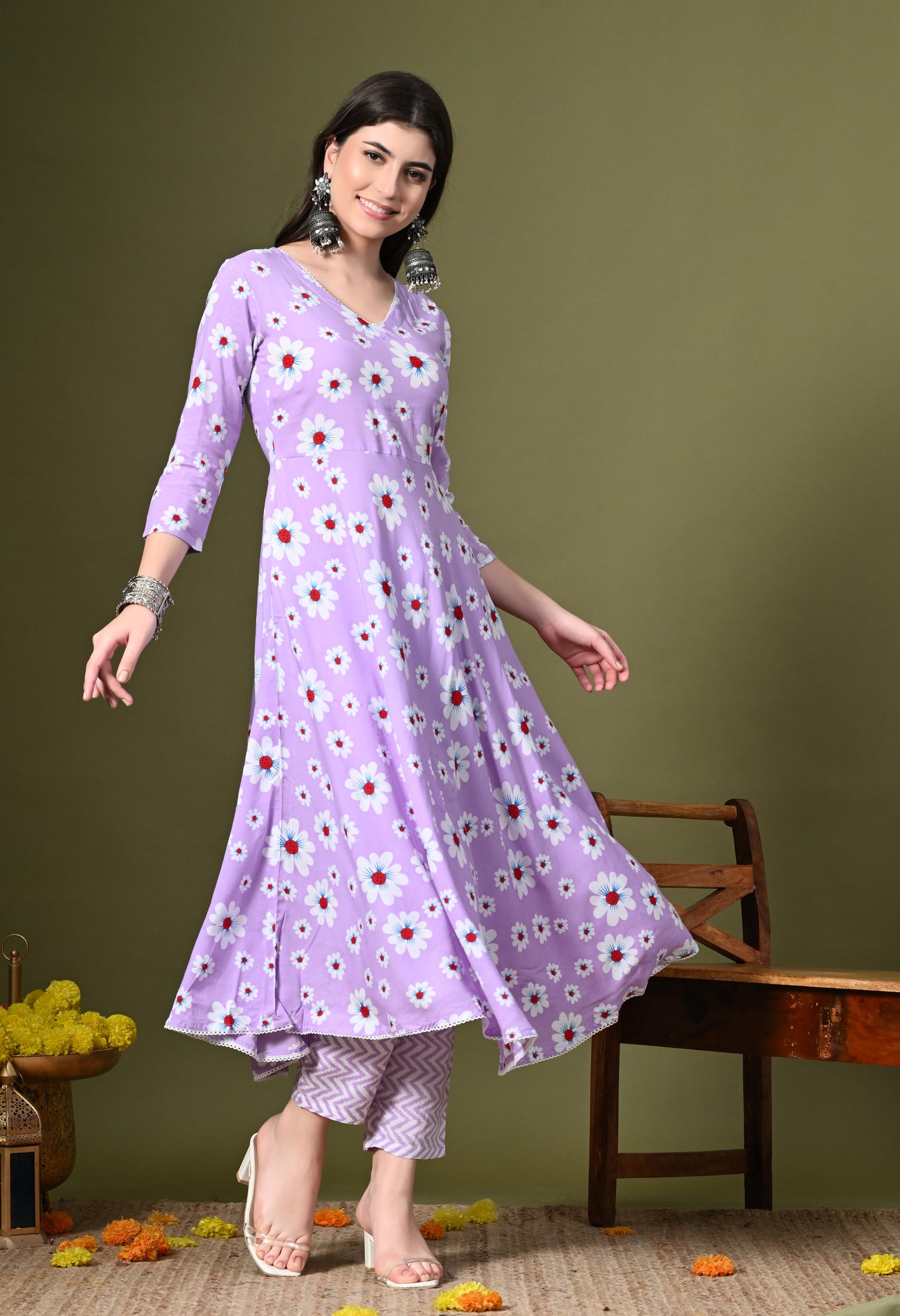 Lavender Floral Print Kurta Pant Set with Dupatta
