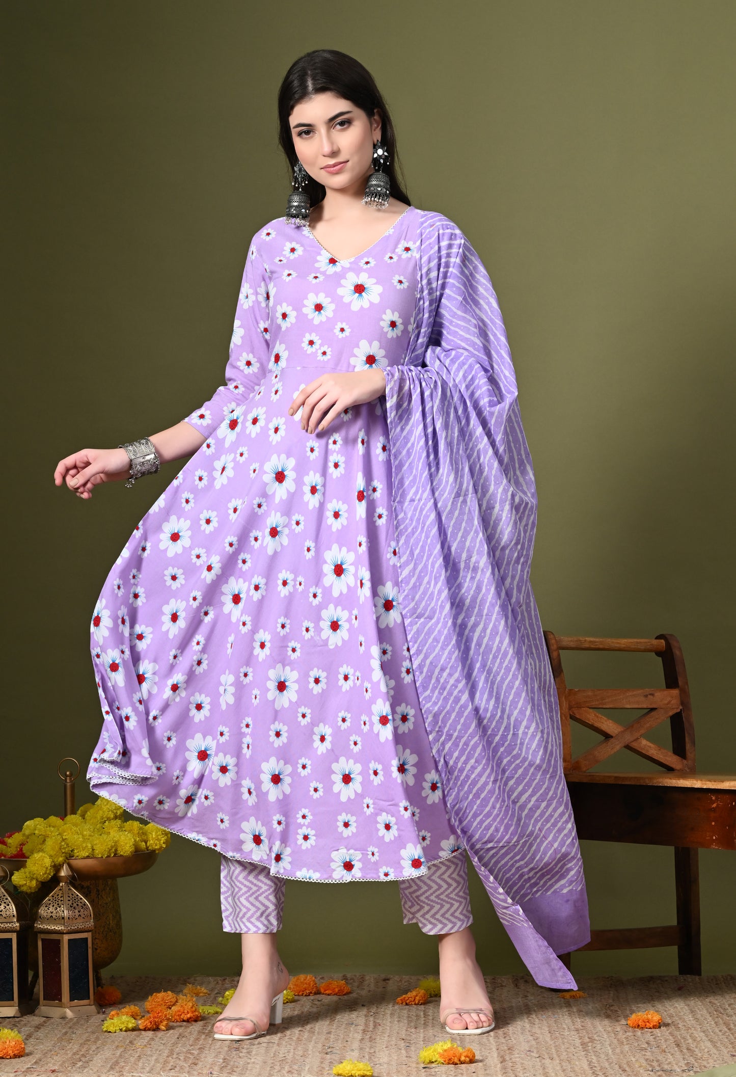 Lavender Floral Print Kurta Pant Set with Dupatta