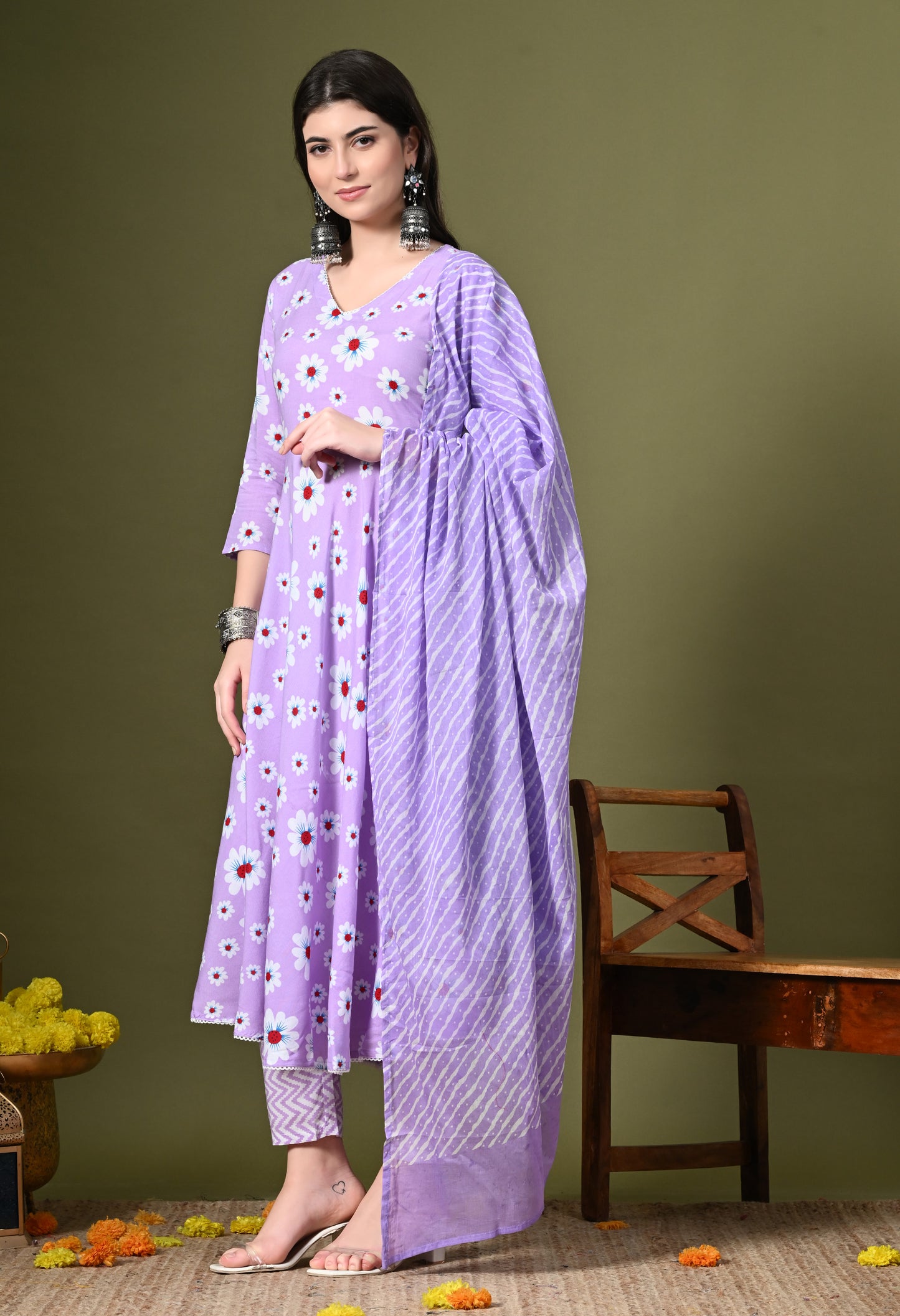 Lavender Floral Print Kurta Pant Set with Dupatta