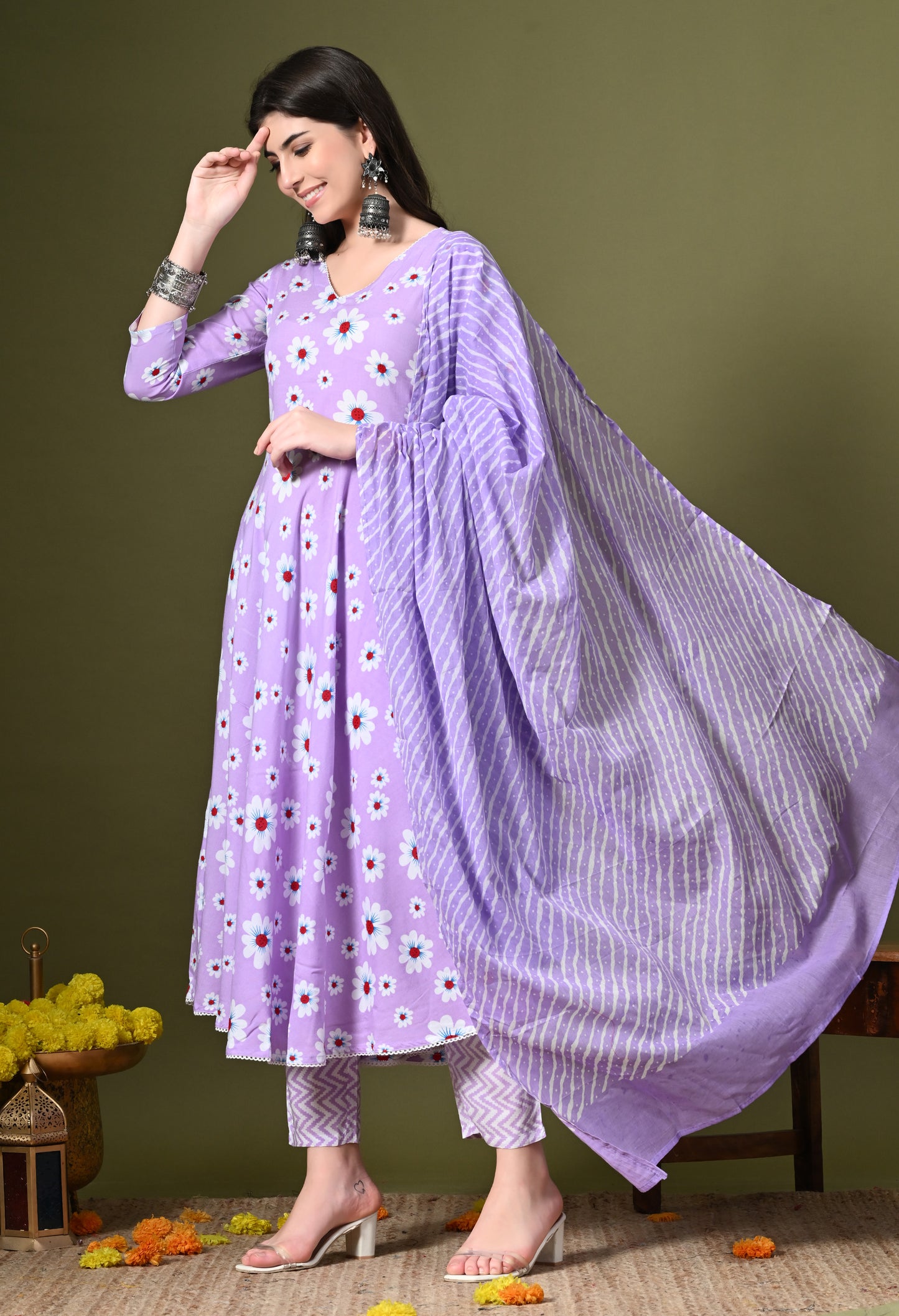 Lavender Floral Print Kurta Pant Set with Dupatta