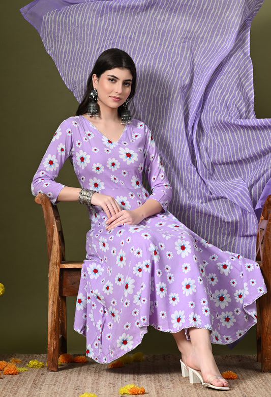 Lavender Floral Print Kurta Pant Set with Dupatta