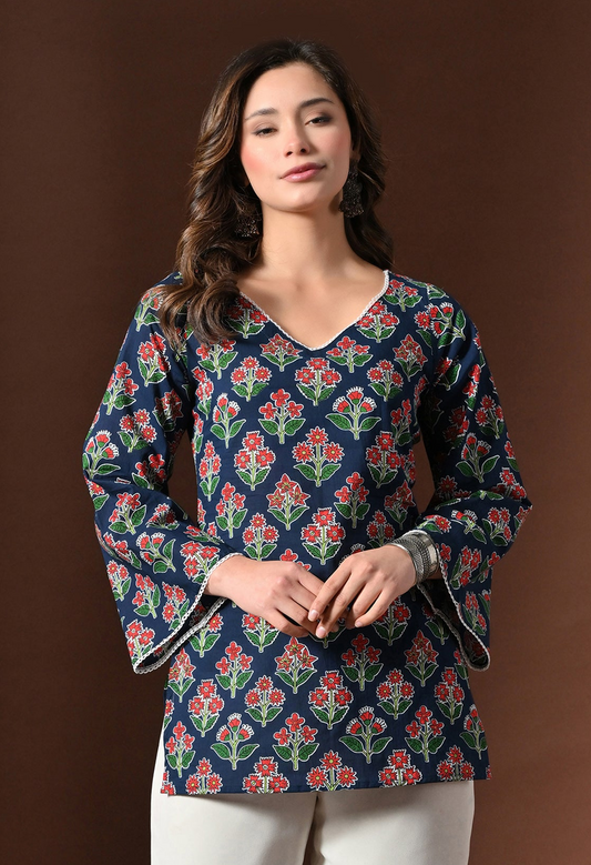 Zara - Navy Floral Short Kurta - KSAMA