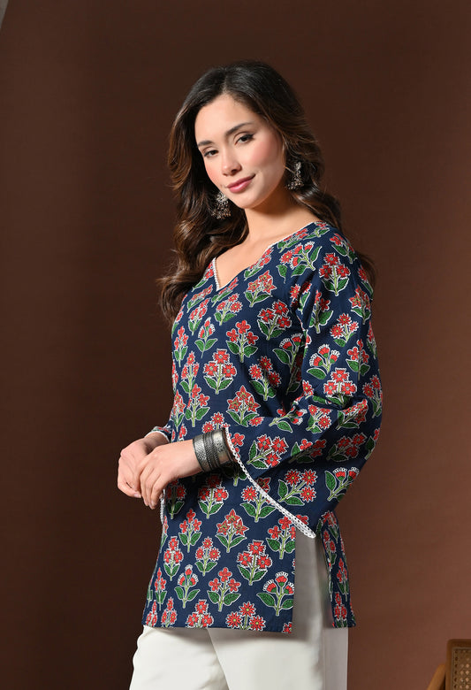 Zara - Navy Floral Short Kurta - KSAMA