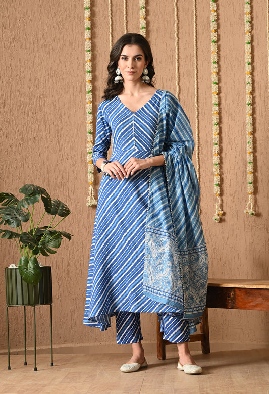 Lehrika – Blue Leheriya Print Kurta Pant Set with Dupatta & Lace Detailing