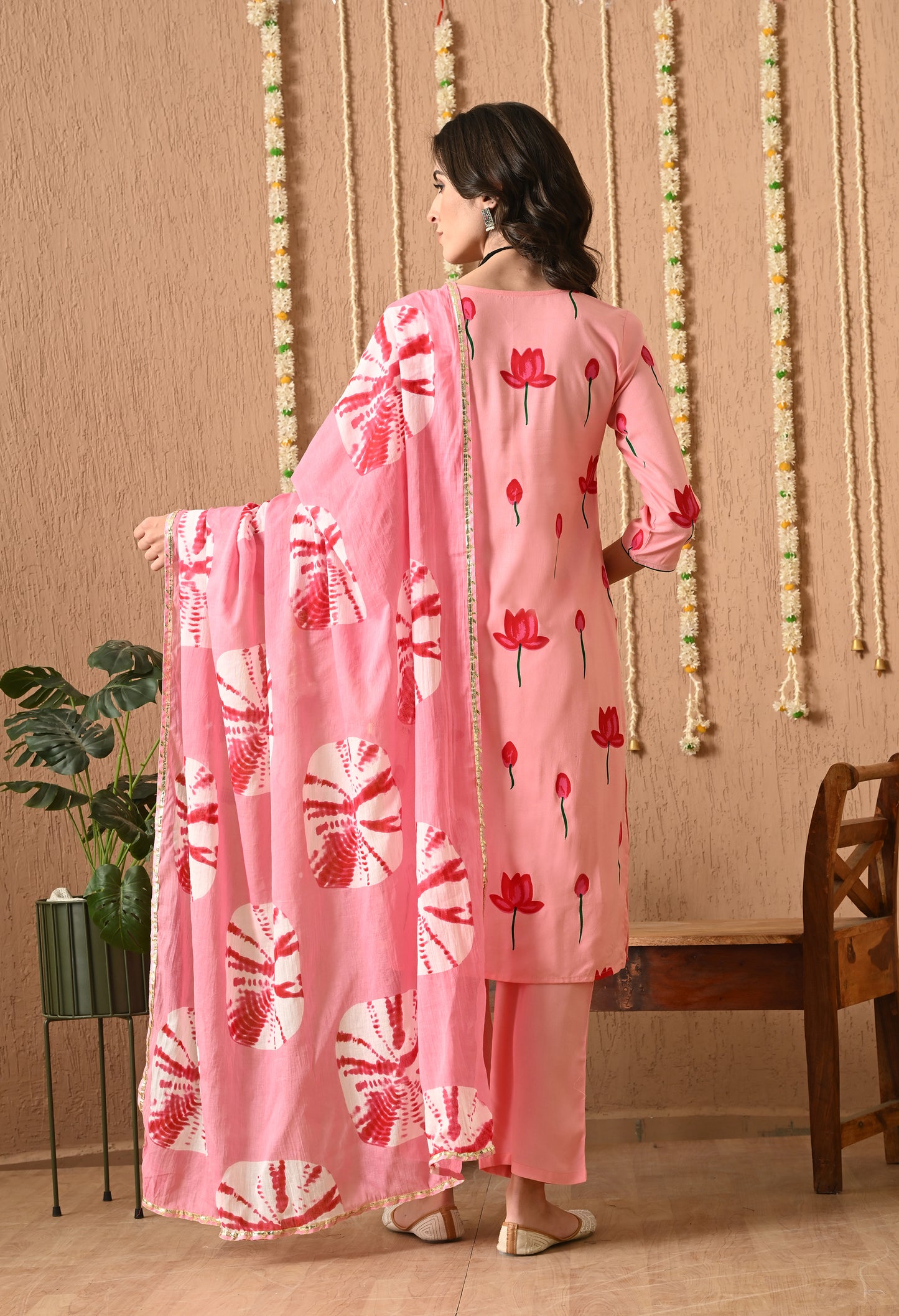 Gulvika - Pink Hand-Painted Kurta Pant Set with Tie-Dye Dupatta