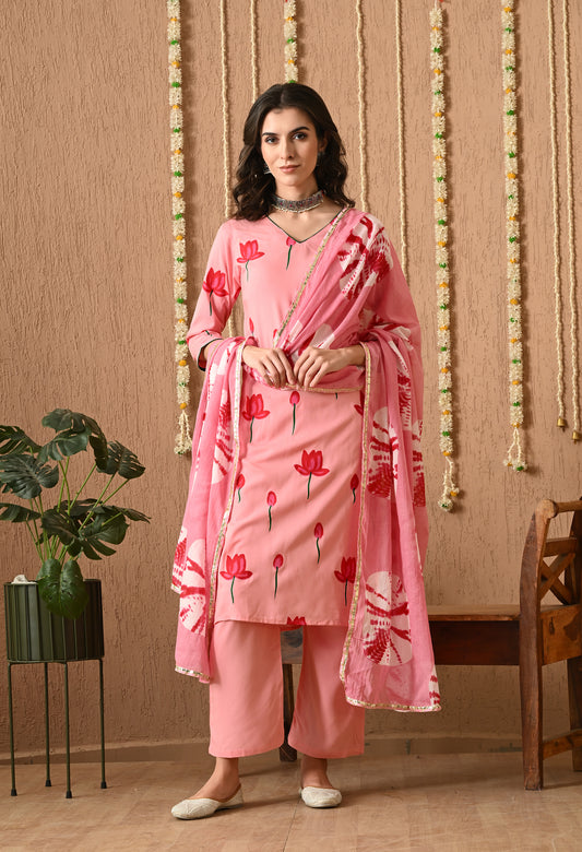 Gulvika - Pink Hand-Painted Kurta Pant Set with Tie-Dye Dupatta