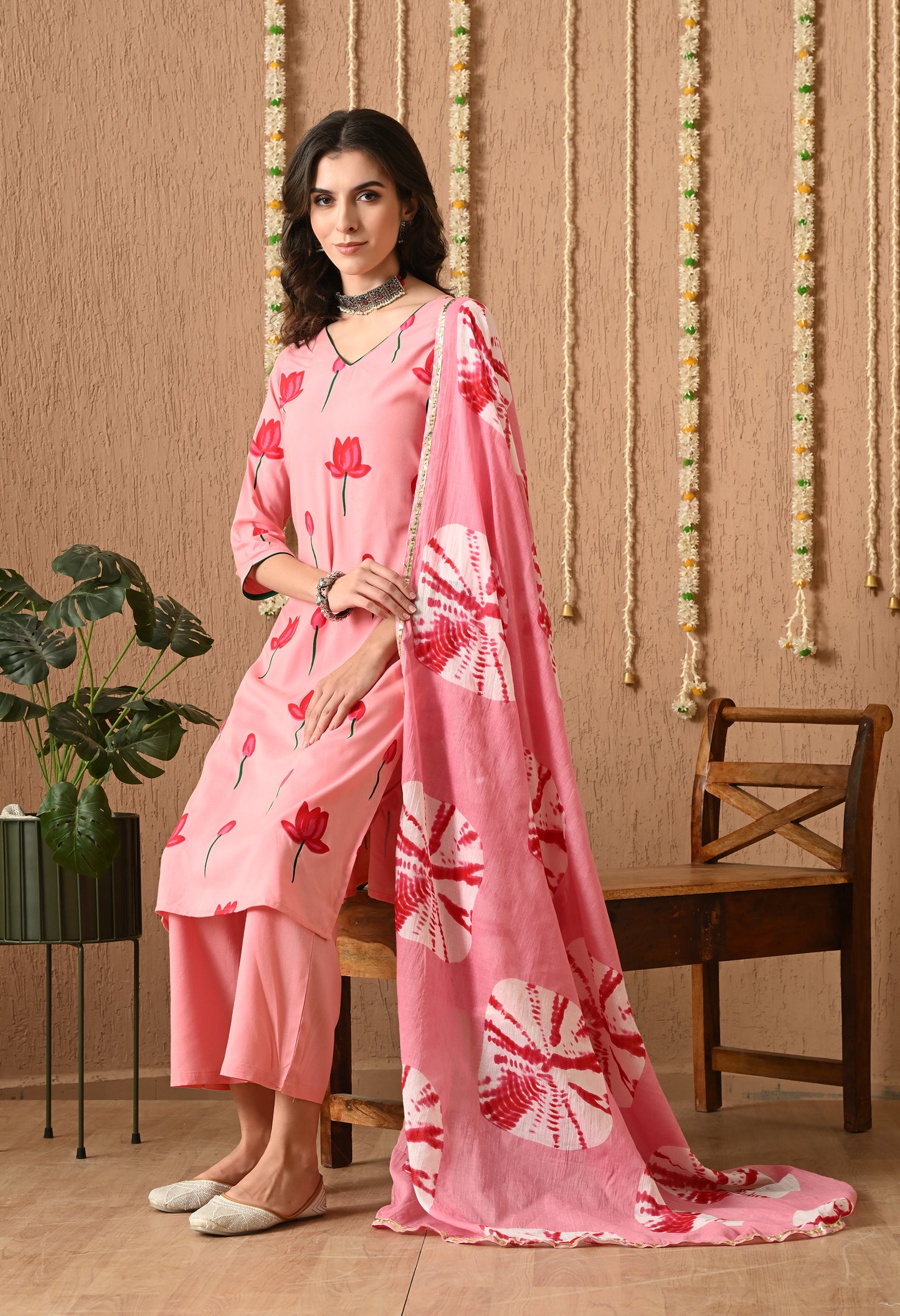 Gulvika - Pink Hand-Painted Kurta Pant Set with Tie-Dye Dupatta