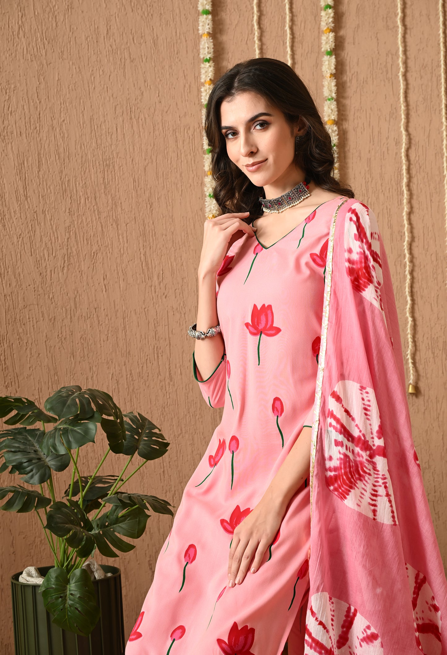 Gulvika - Pink Hand-Painted Kurta Pant Set with Tie-Dye Dupatta
