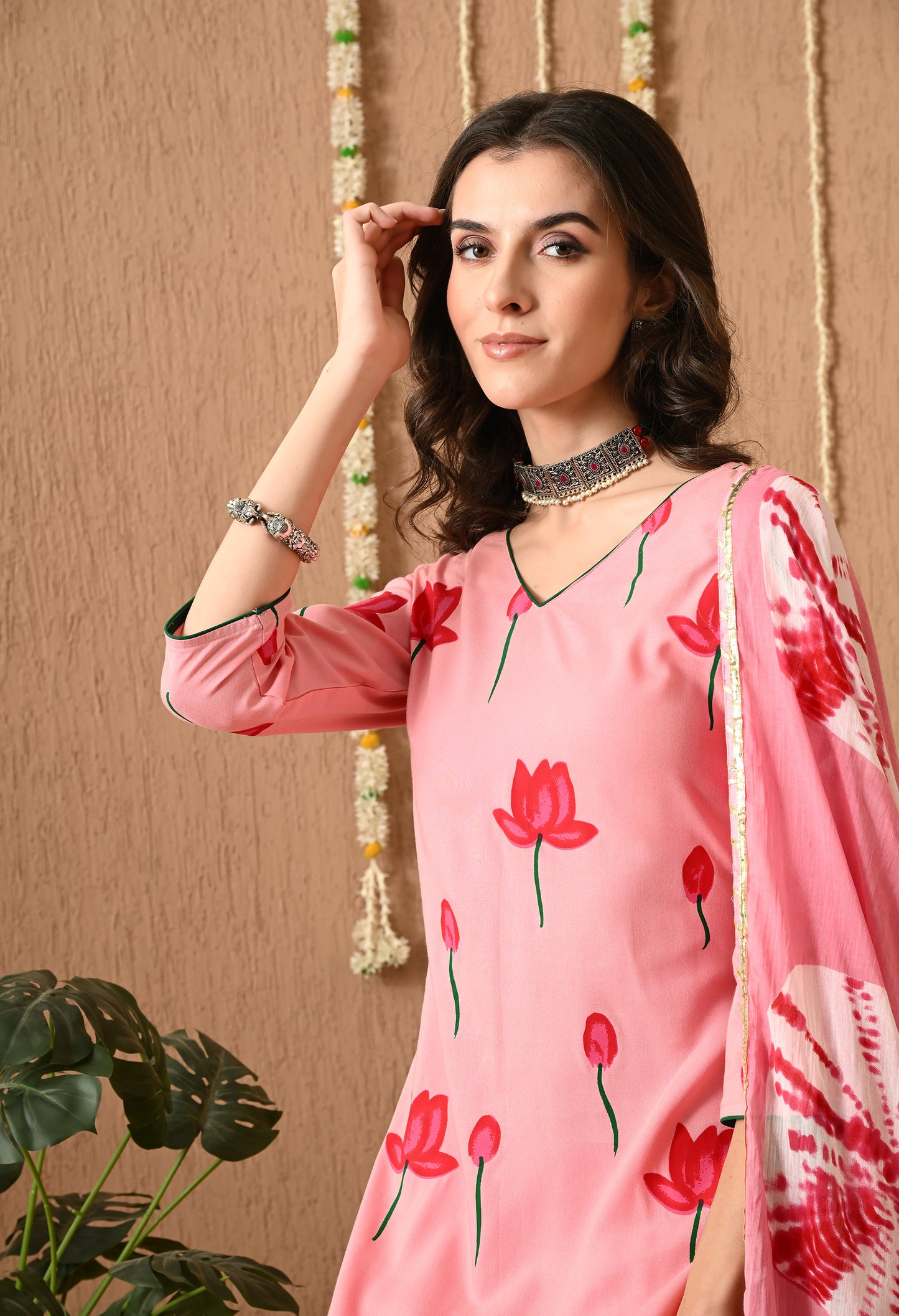 Gulvika - Pink Hand-Painted Kurta Pant Set with Tie-Dye Dupatta