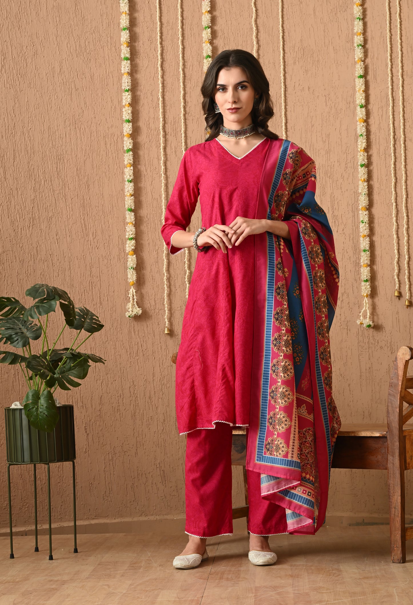 Gulzarika - Pink Floral Printed Anarkali Kurta Pant Set with Digital Print Dupatta